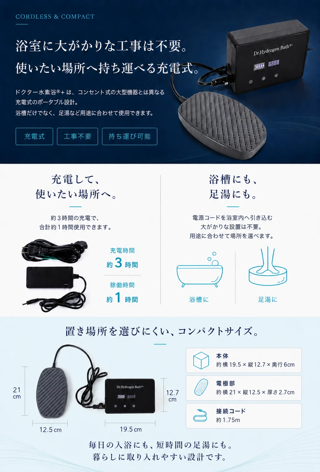 充電式で浴槽にも足湯にも使用できるドクター水素浴®+