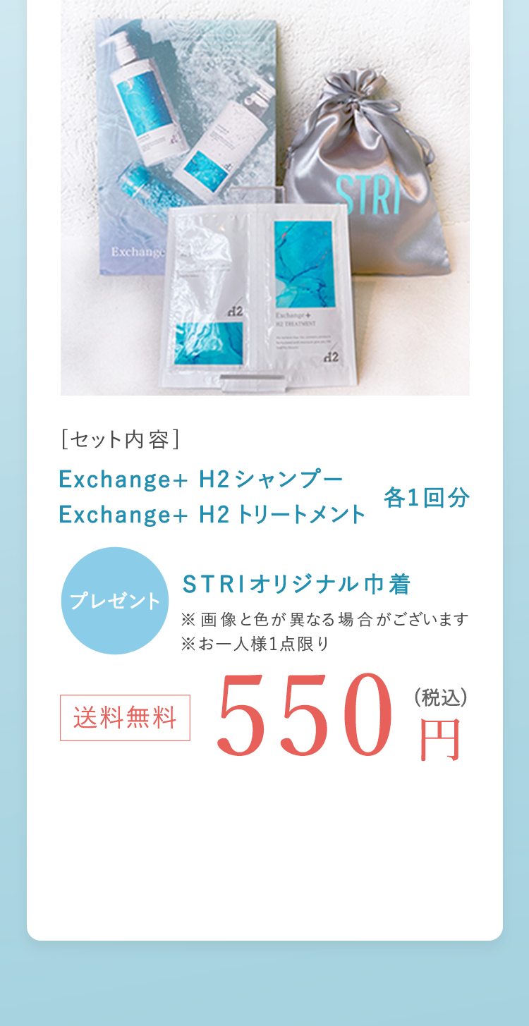 セット内容 Exchange+ H2シャンプー・Exchange+ H2トリートメント 各1回分 送料無料550円（税込） STRIオリジナル巾着プレゼント